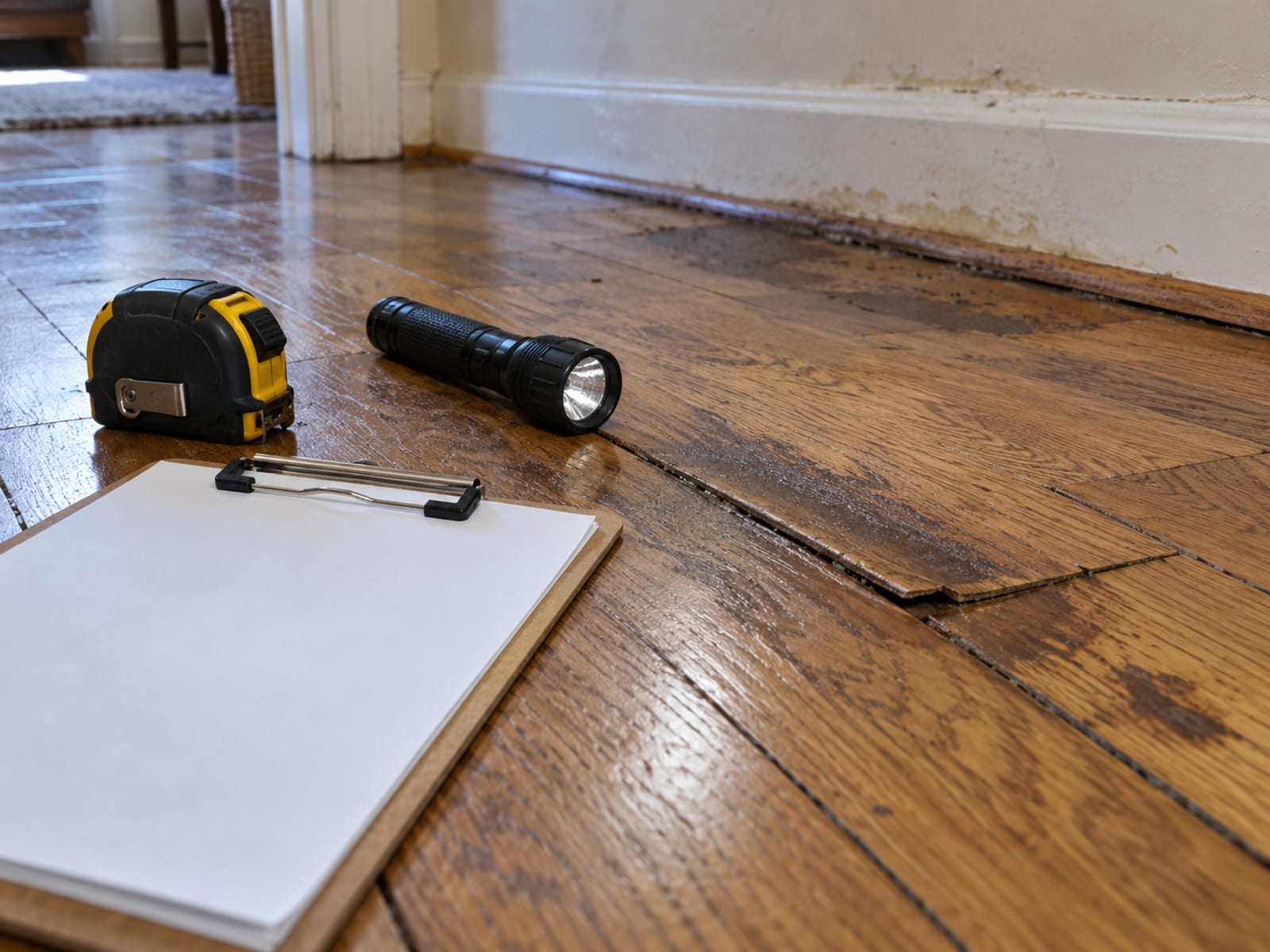 A tape measure, a flashlight and a clipboard with a blank form on a damaged hardwood floor