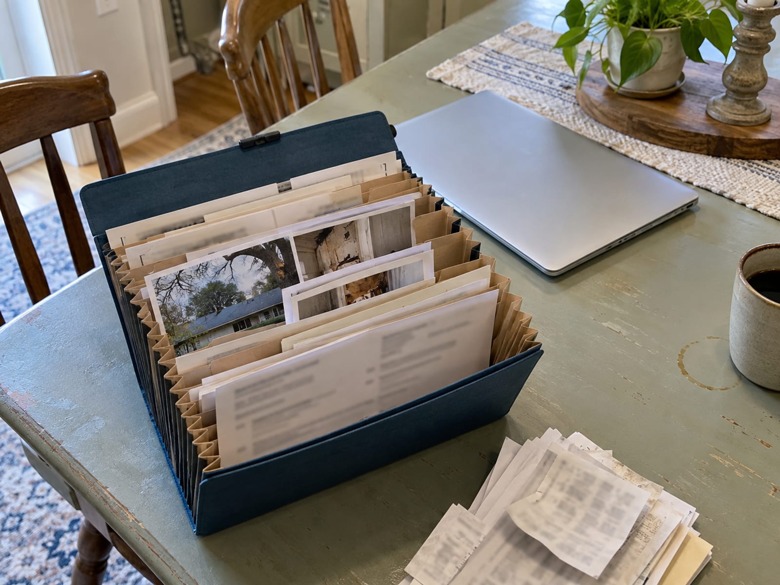 A neat folder of printed photos, receipts and estimates on a kitchen table beside a closed laptop