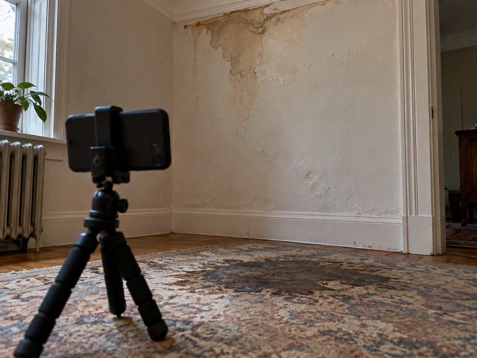 A phone on a small tripod facing a water-stained living room wall and a damp rug