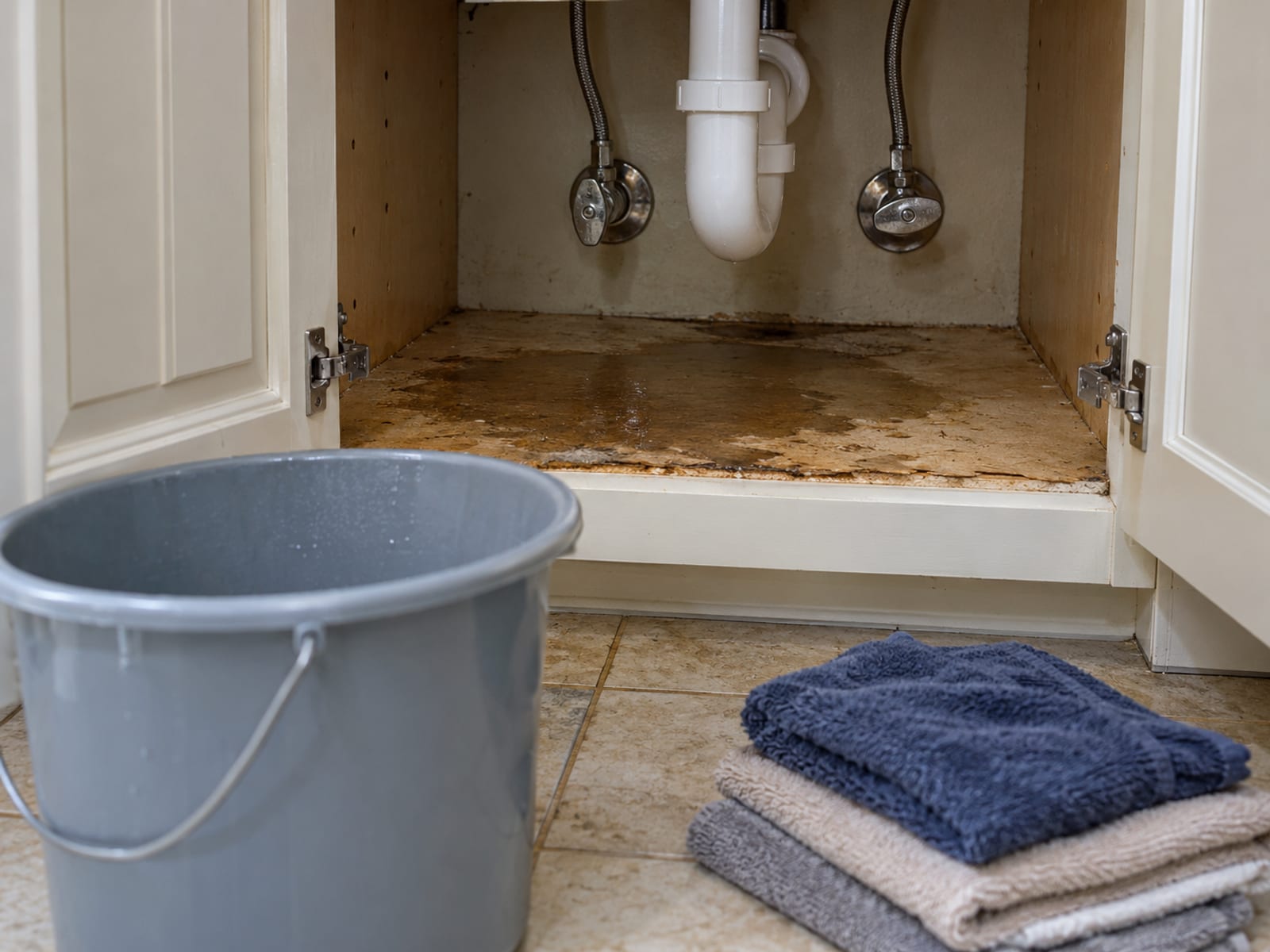 A water shut-off valve under a kitchen sink with a bucket and folded towels on the floor