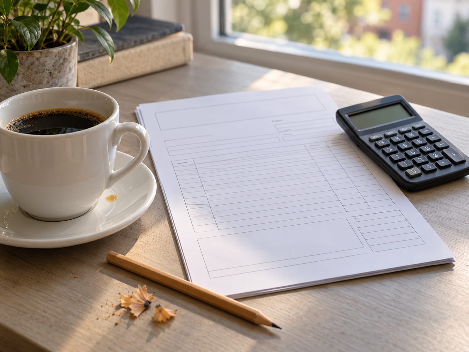 A calculator and a blank quote form on a desk beside a coffee cup
