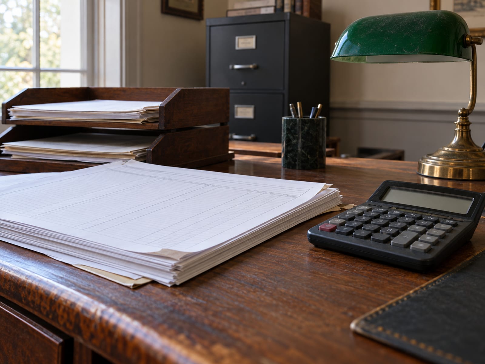 A stack of blank financial statements beside a calculator on a desk