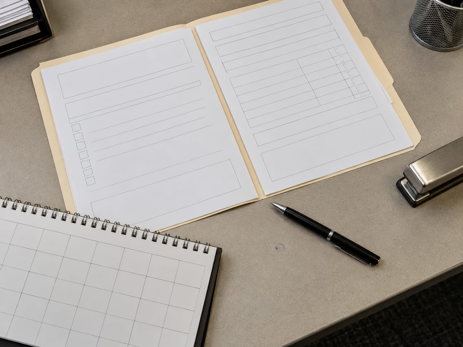 A folder of blank official forms beside a pen and a desk calendar