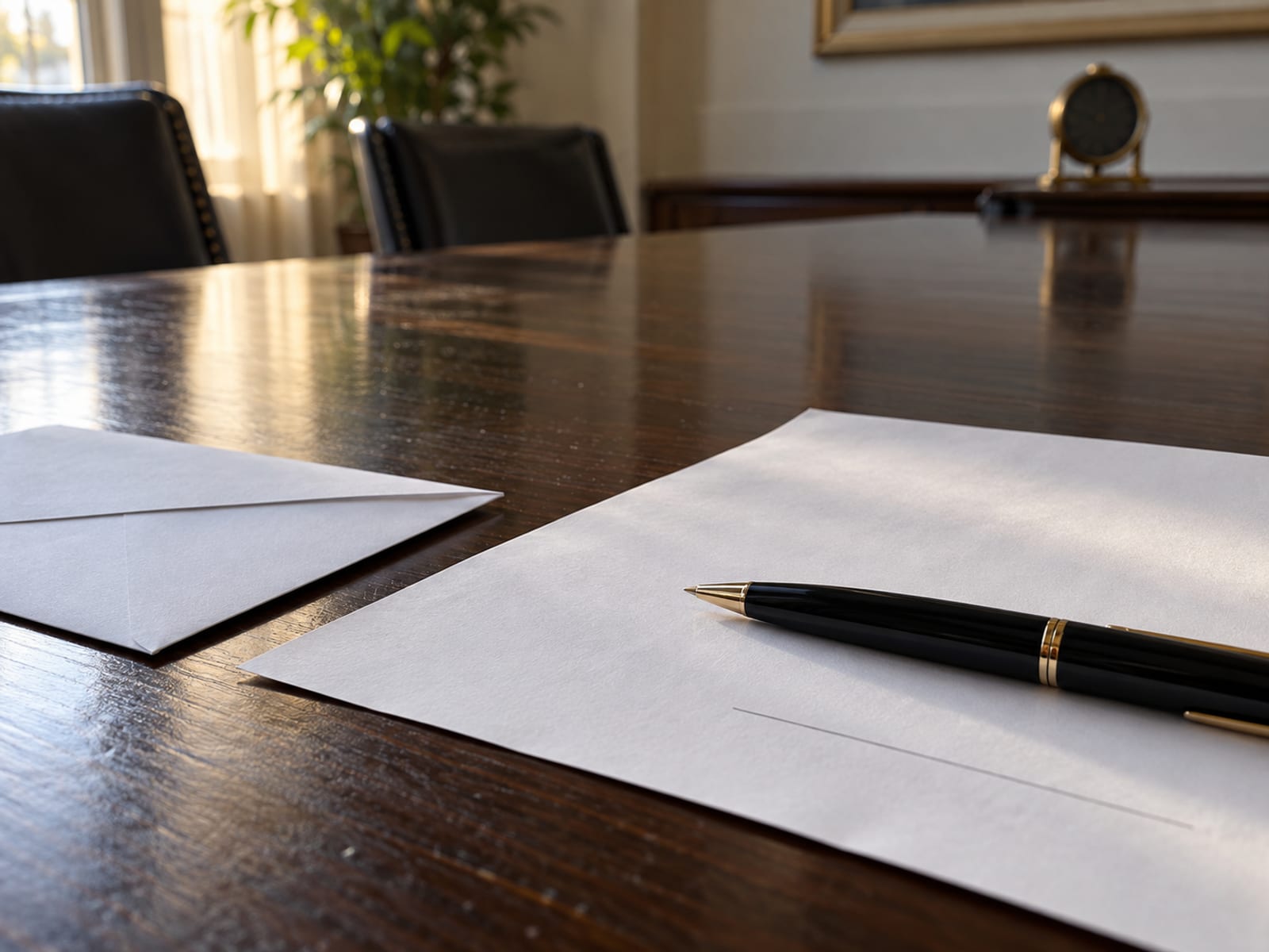 A pen resting on the signature line of a blank document beside an envelope