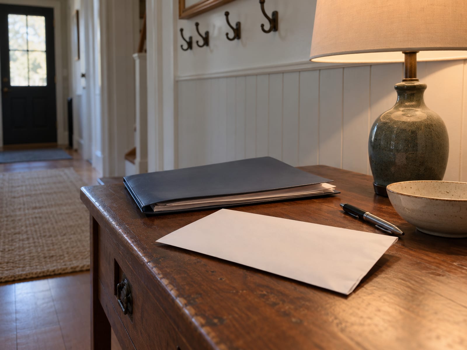 Un sobre y una carpeta con documentos junto a un bolígrafo sobre una mesa