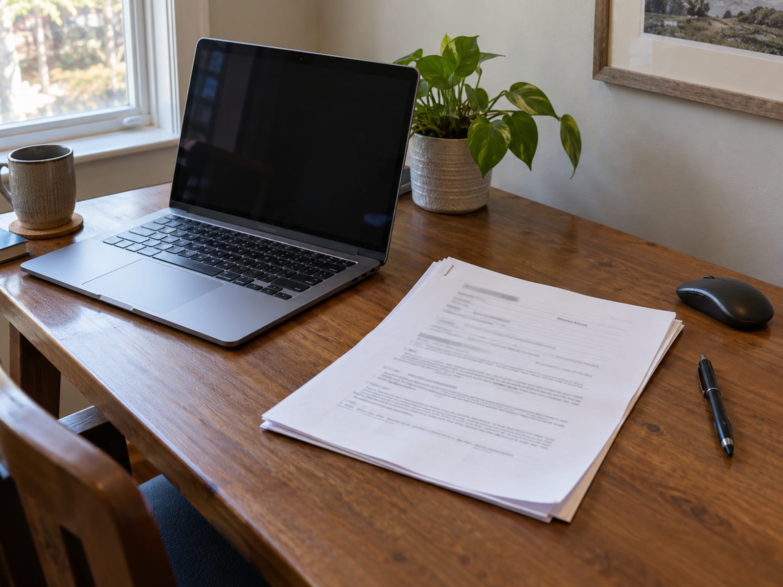 Un escritorio con una laptop, un documento de póliza impreso y un bolígrafo