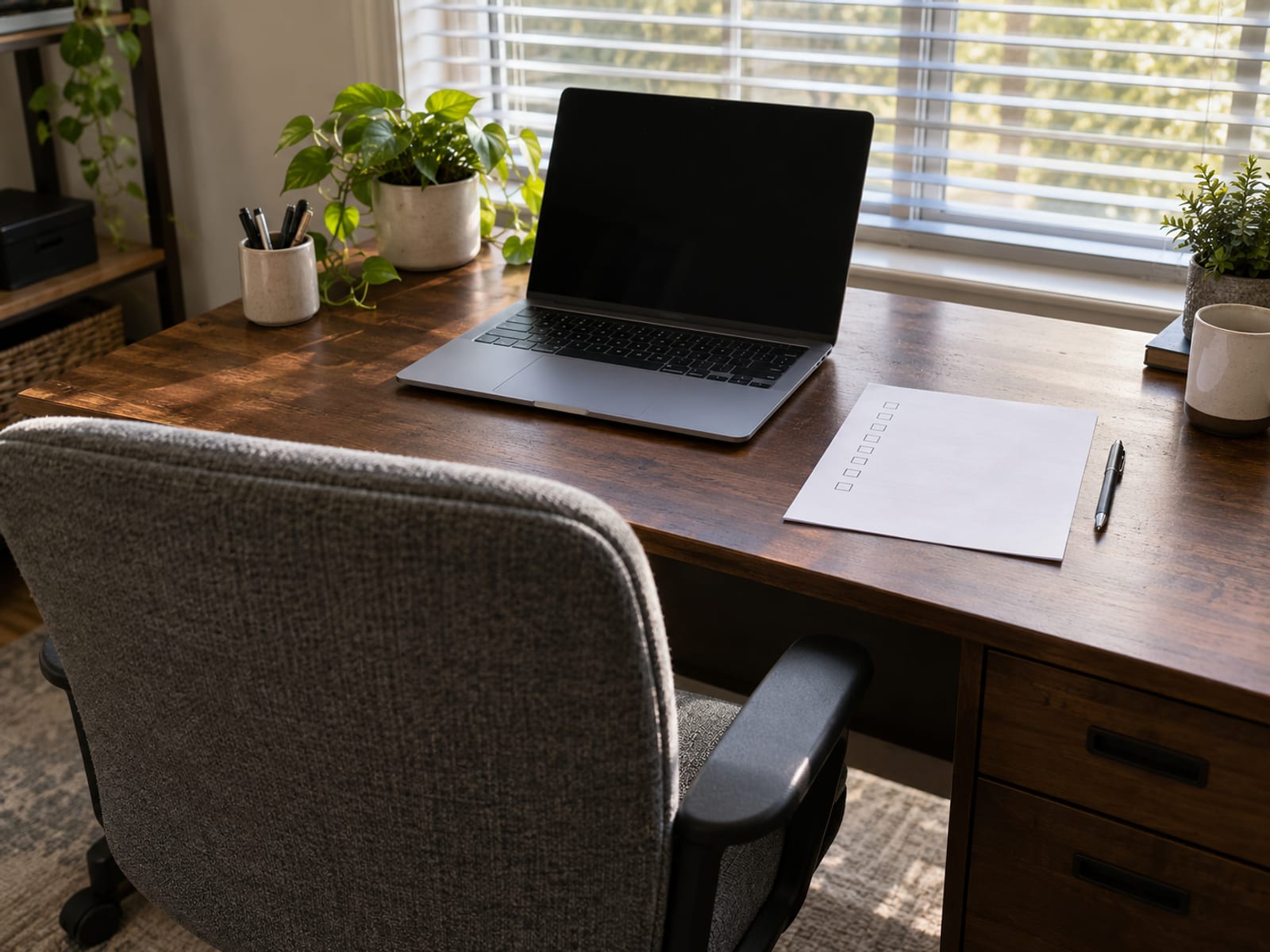 A person at a desk checking a checklist on paper beside an open laptop