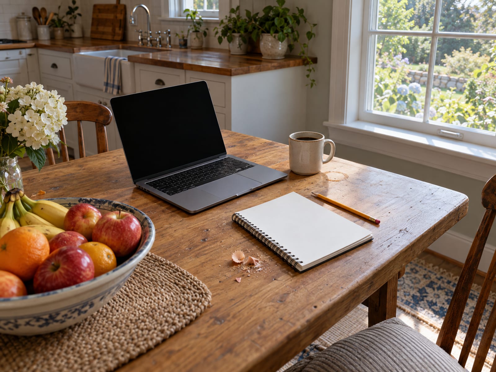A laptop, a notepad and a cup of coffee on a kitchen table, set up for comparing insurance options