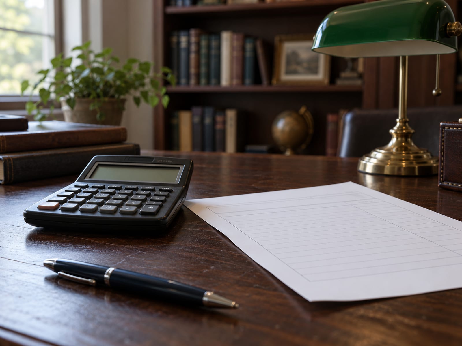A calculator, a pen and a blank invoice on a desk