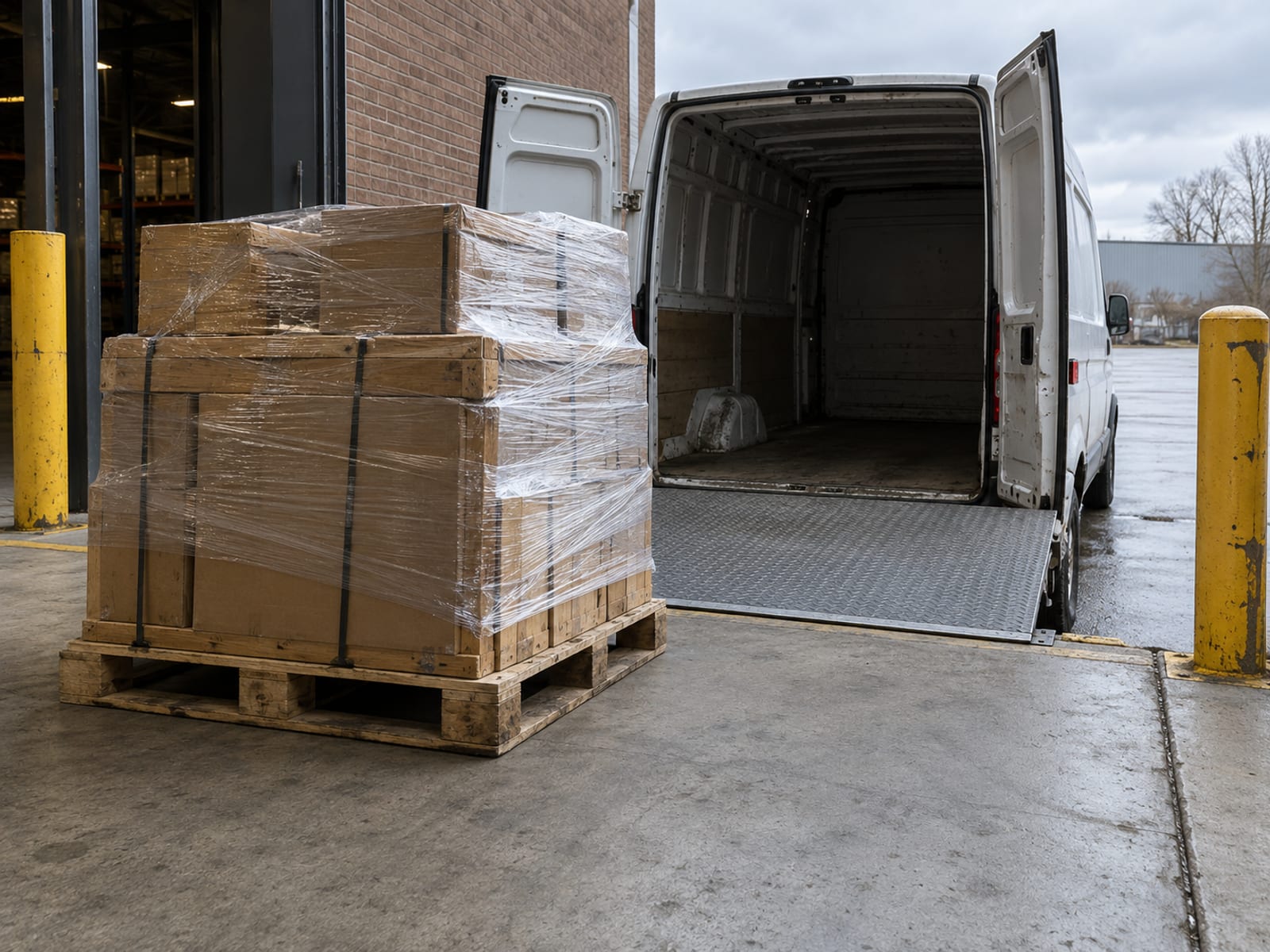 Cajas envueltas apiladas en un andén de carga con una camioneta de reparto estacionada de reversa frente a la puerta