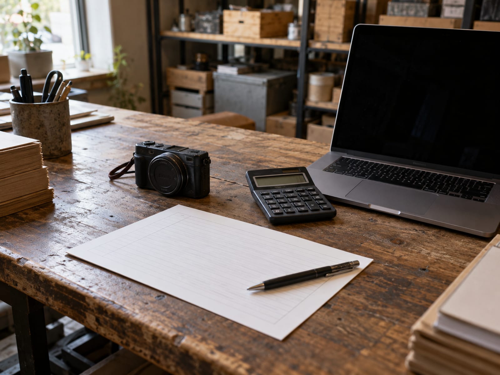Una calculadora y una hoja de inventario en blanco sobre una mesa junto a una cámara pequeña y una laptop abierta
