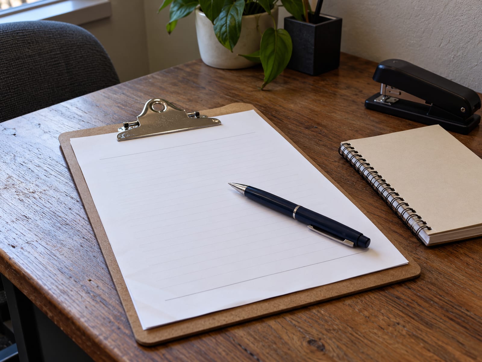 A blank agreement on a clipboard with a pen resting on it, on a wooden desk