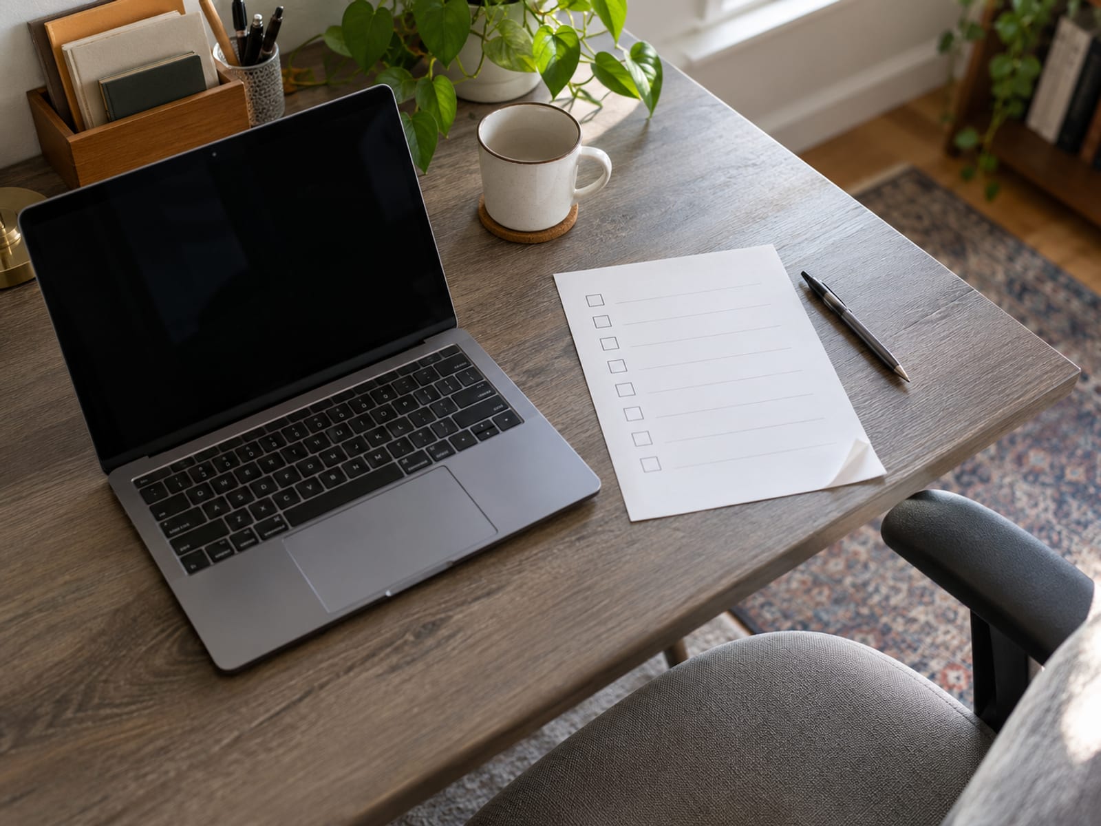 A hand ticking a paper checklist beside an open laptop whose screen cannot be read