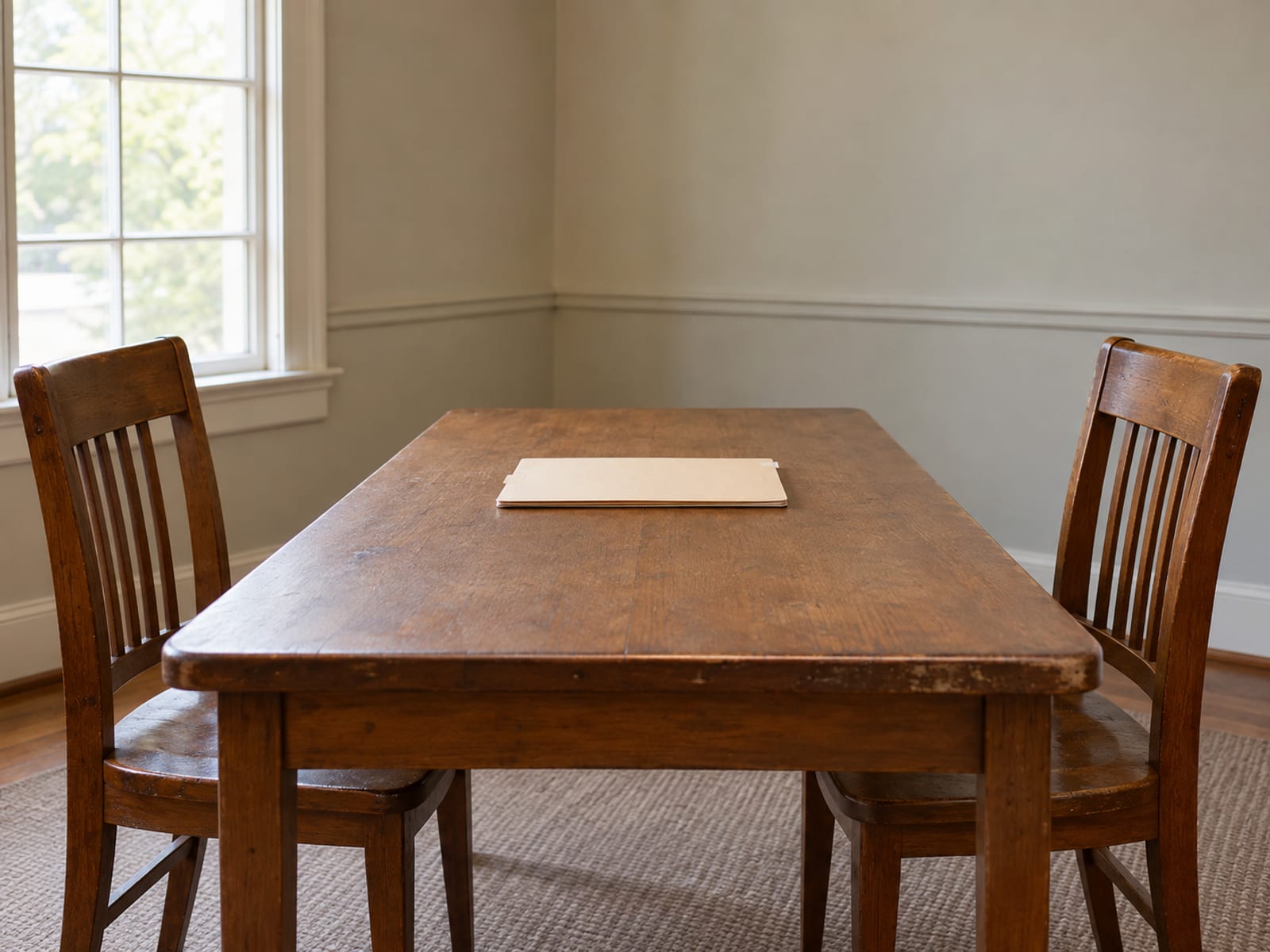 Two chairs facing each other across a plain meeting table with a single blank folder between them