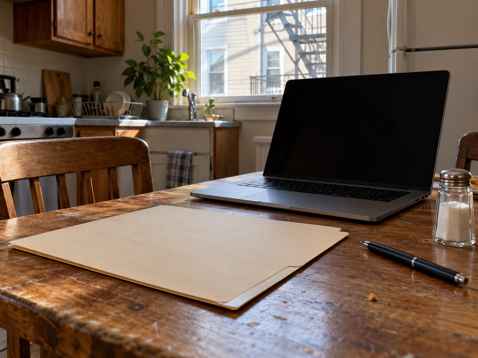 A kitchen table with a blank folder, a laptop and a pen, set up to sort out an insurance question