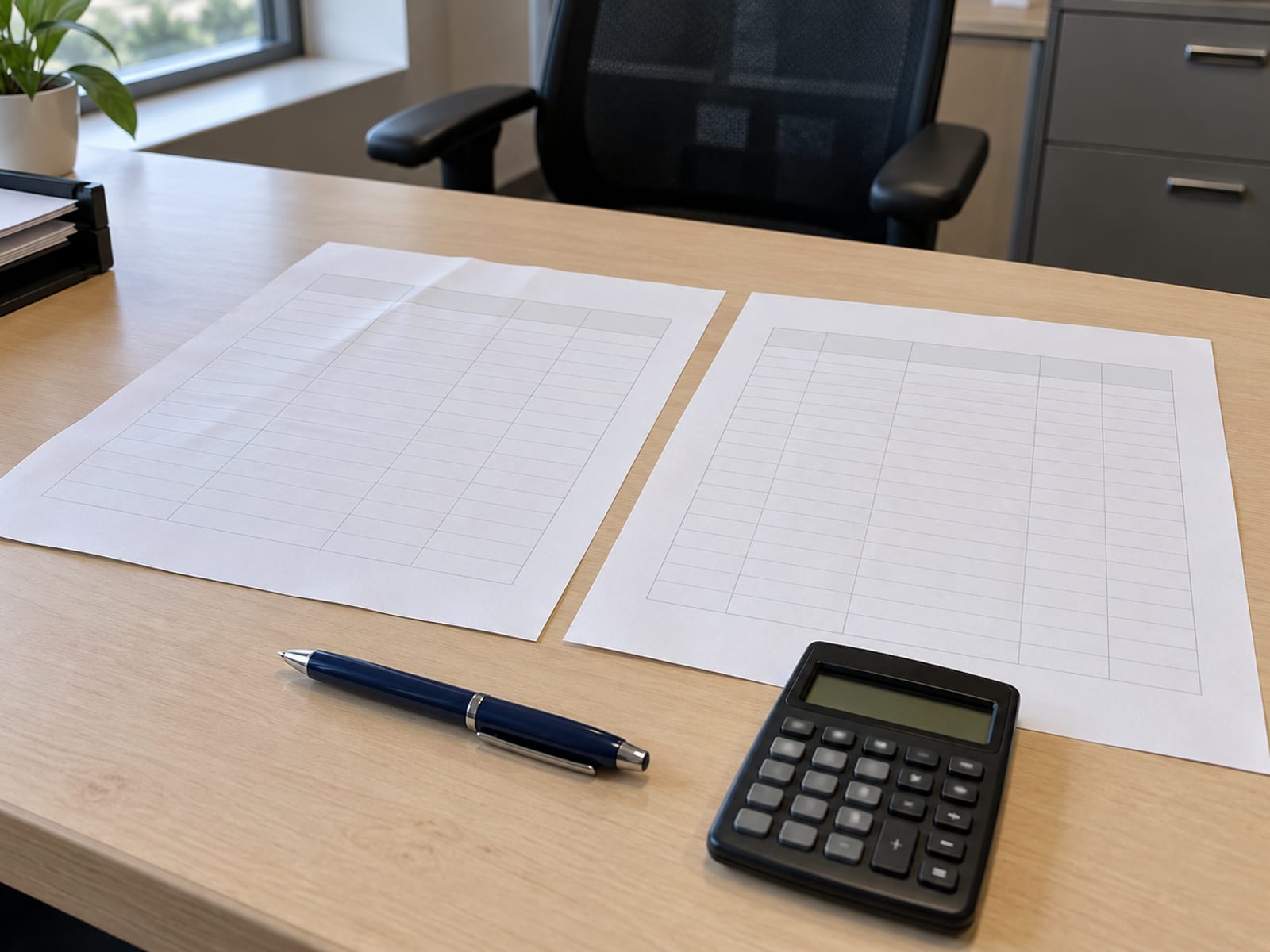 Dos hojas de oferta impresas en blanco una junto a la otra con una pluma y una calculadora sobre un escritorio