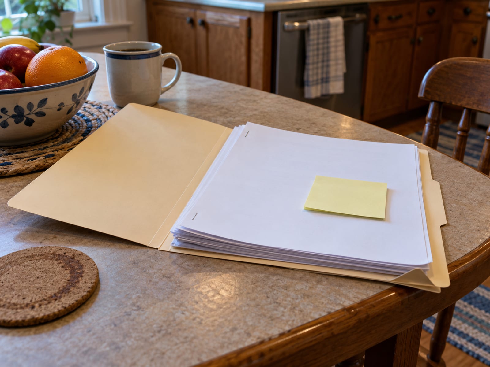 Una carpeta de documentos del préstamo con una nota adhesiva en blanco sobre una mesa de cocina