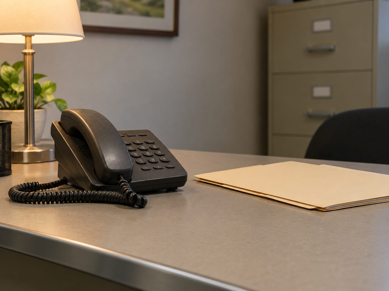 A desk telephone and a closed folder on a tidy desk, with a window behind
