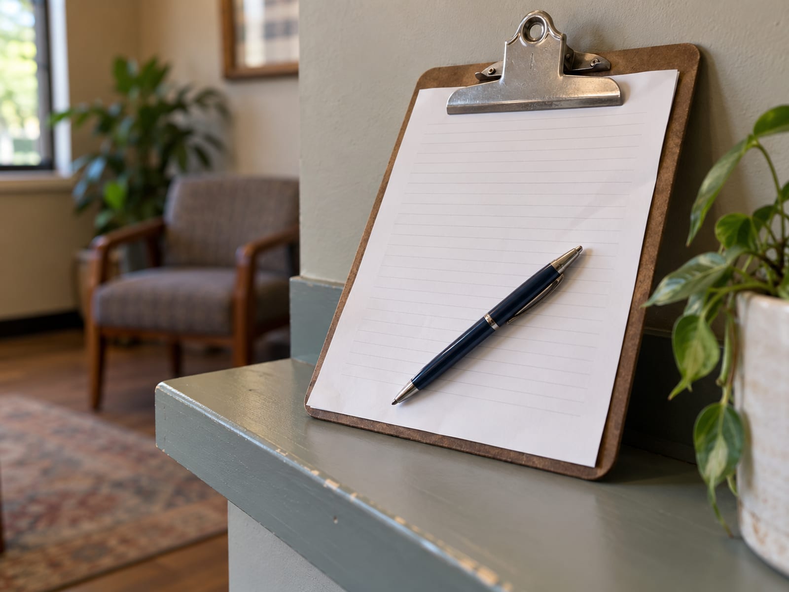A blank fee agreement on a clipboard with a pen beside it on a desk
