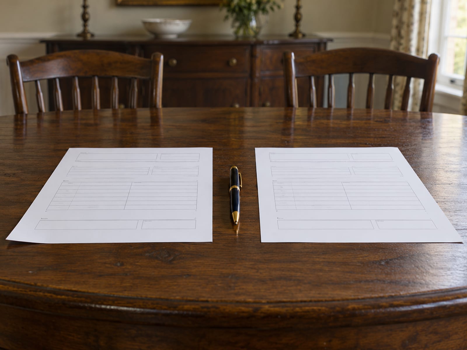 Two identical blank quote sheets side by side on a table with a pen between them
