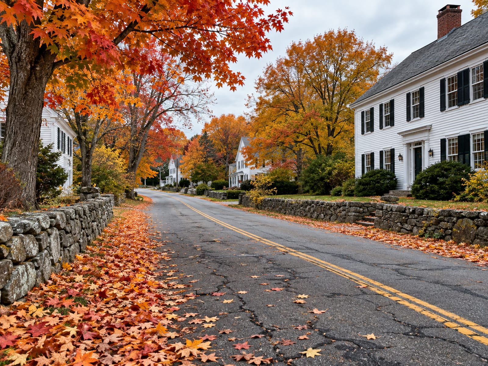 A quiet New England village road lined with maples and white clapboard houses in autumn