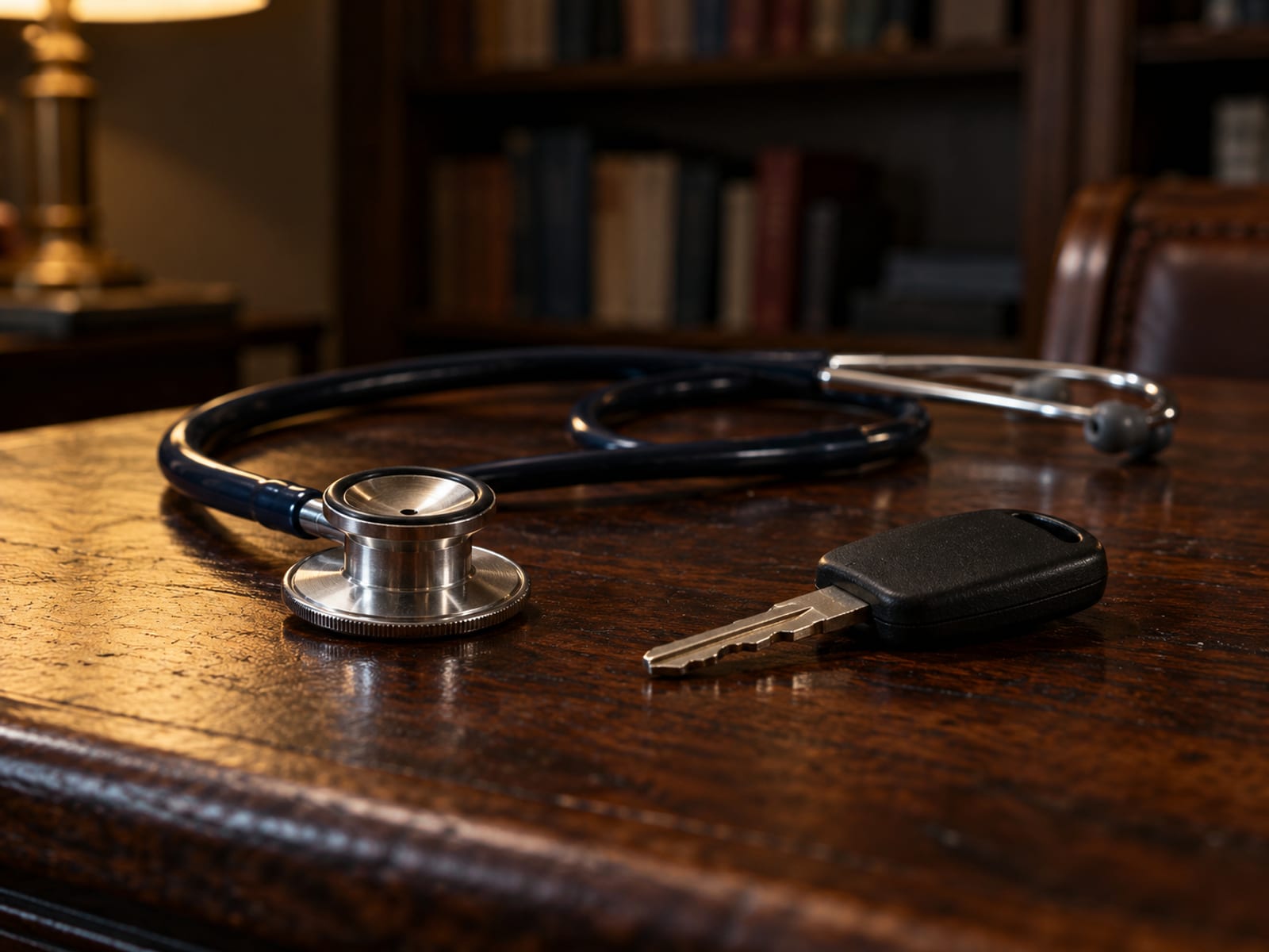 A stethoscope resting beside a car key on a wooden table
