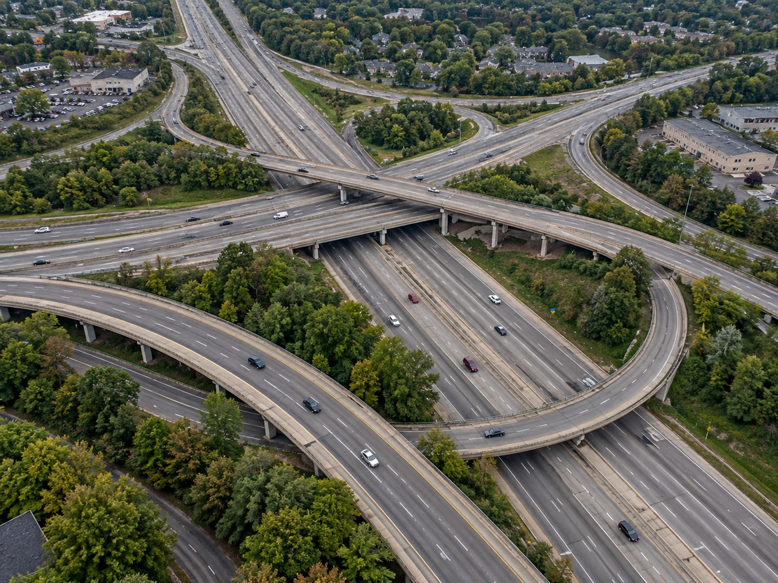 An aerial view of a highway interchange with light traffic in daylight