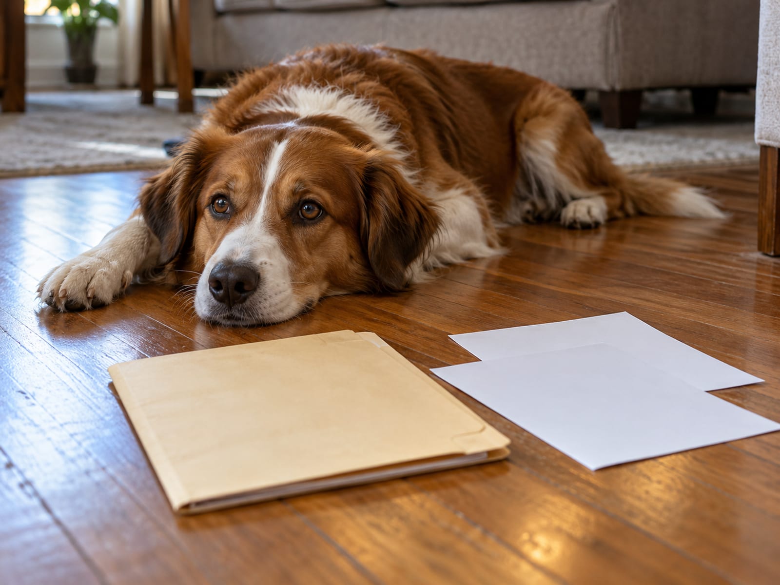 A dog resting on a living room floor beside a closed folder of papers