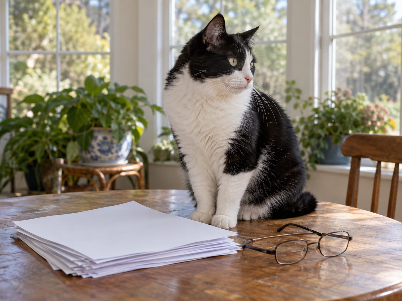 A cat sitting on a table beside a stack of papers and a pair of reading glasses