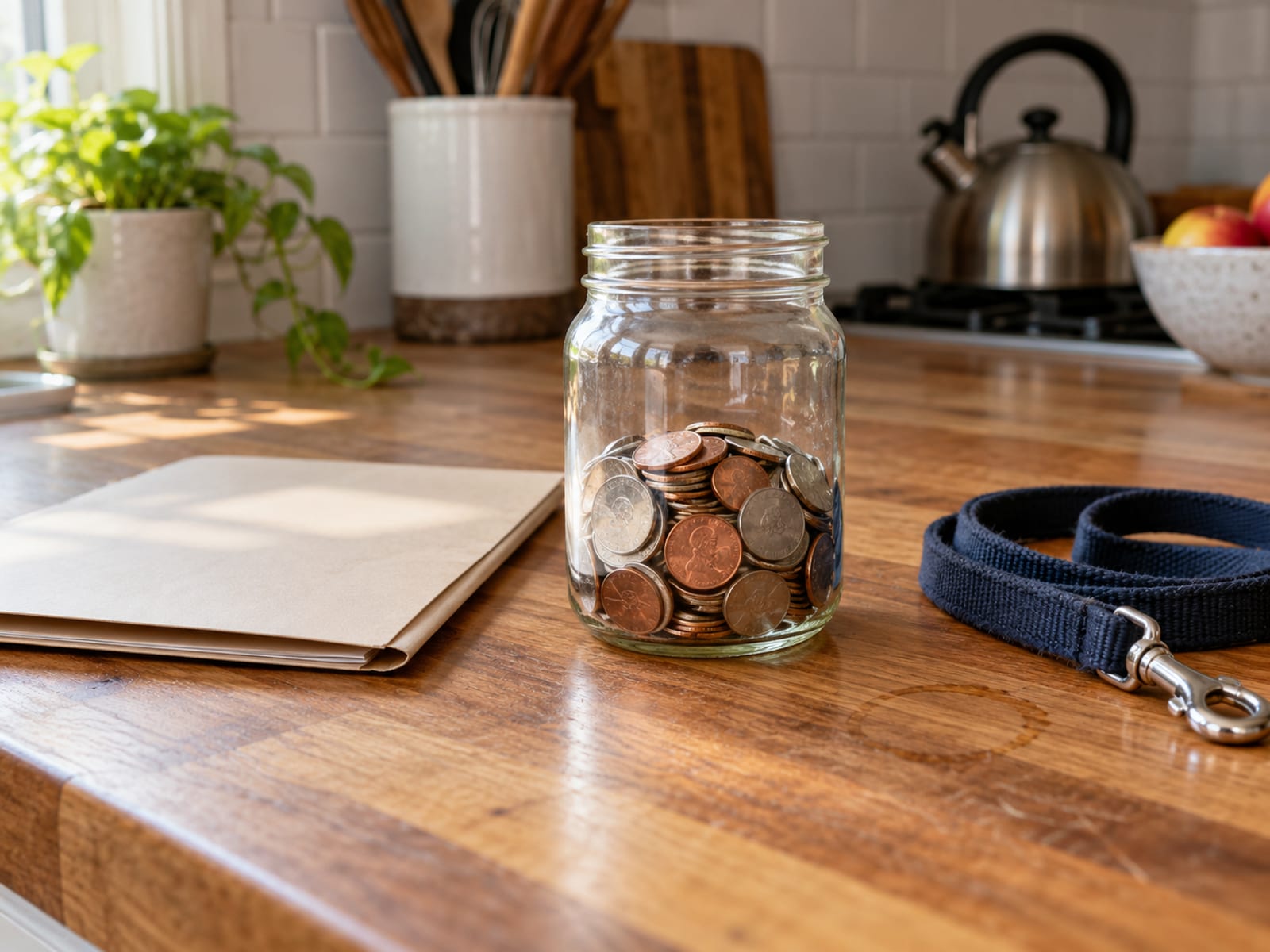 A glass jar of coins and a small folder on a kitchen counter beside a dog leash