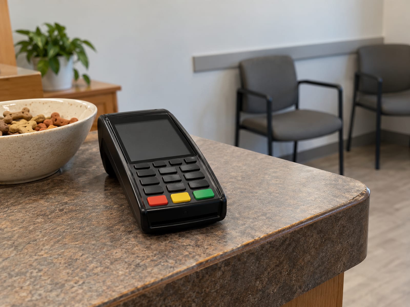 A payment terminal on the counter of a veterinary clinic reception desk