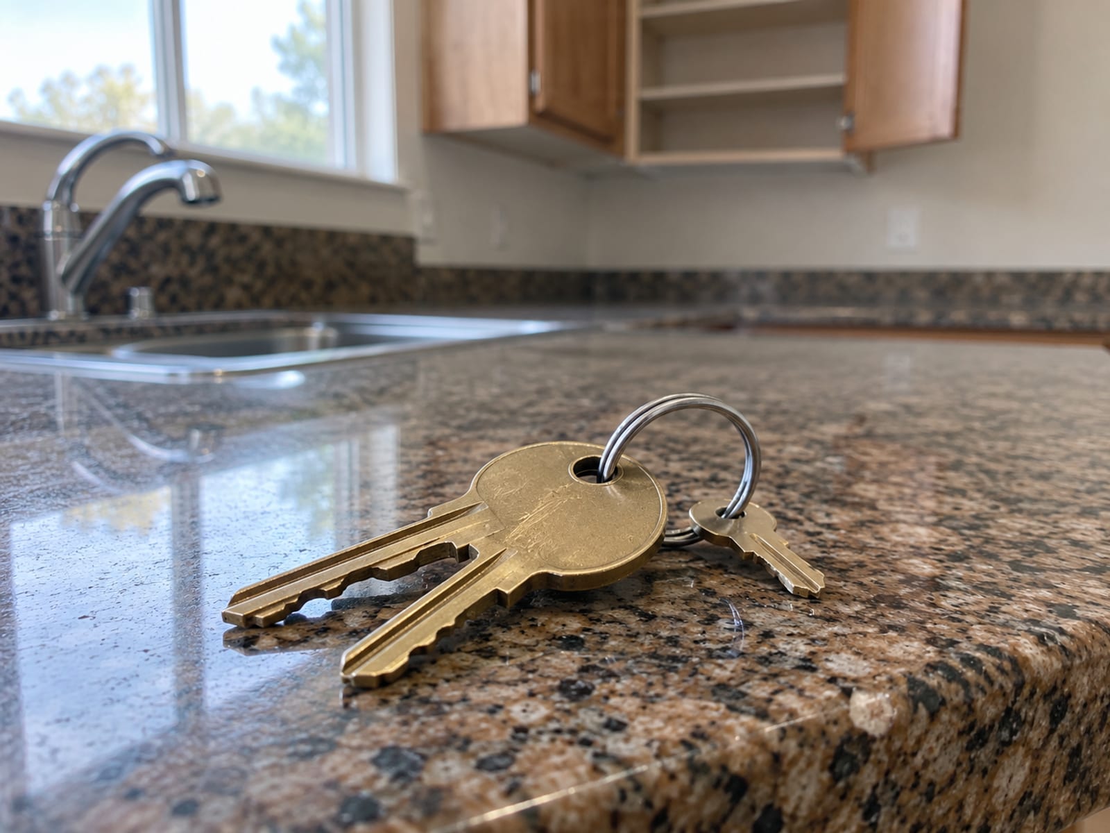 Un juego de llaves de casa sobre una encimera de cocina en una casa de renta vacía