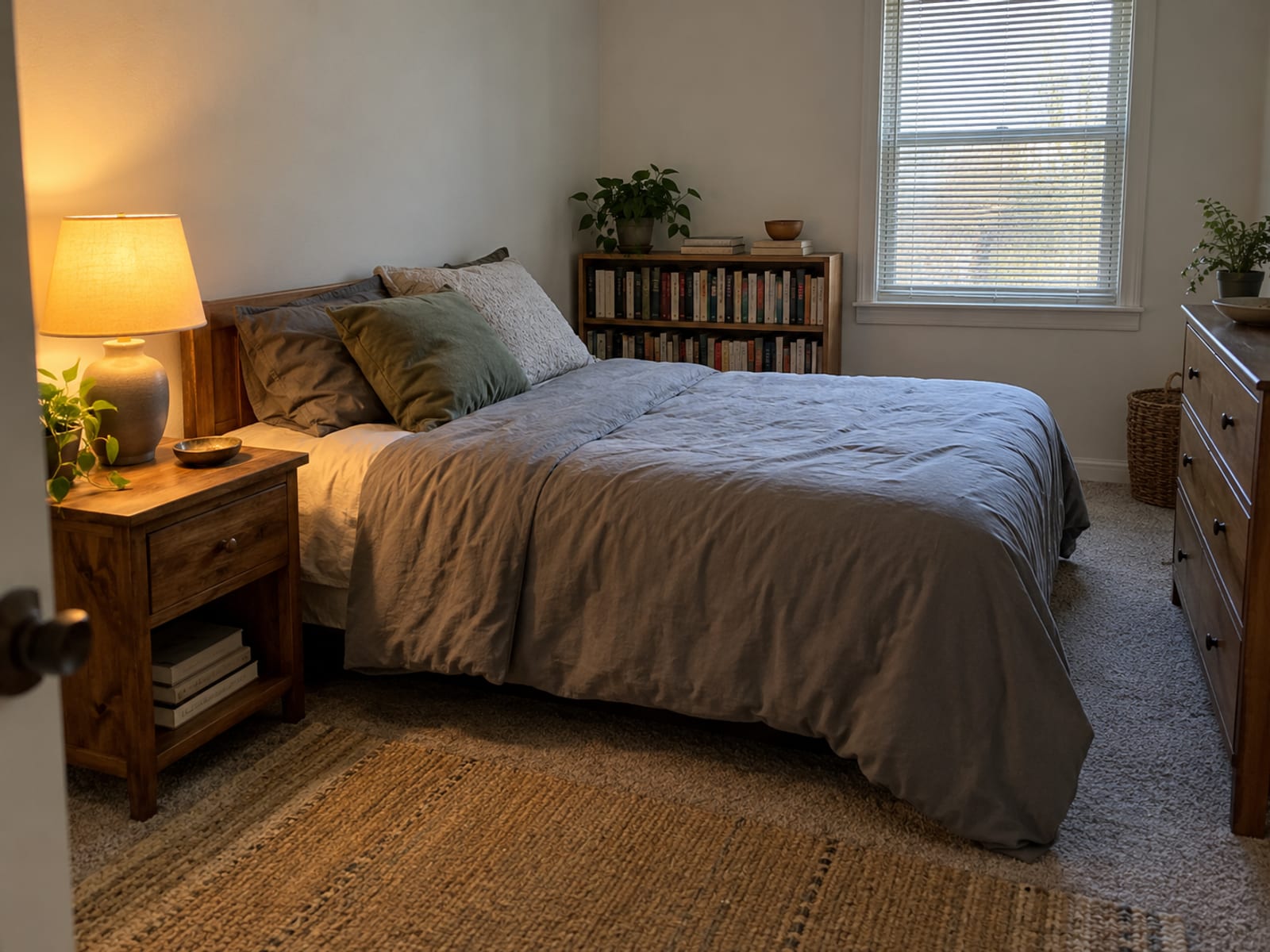 Una recámara en una casa rentada con muebles del inquilino, libros y una lámpara