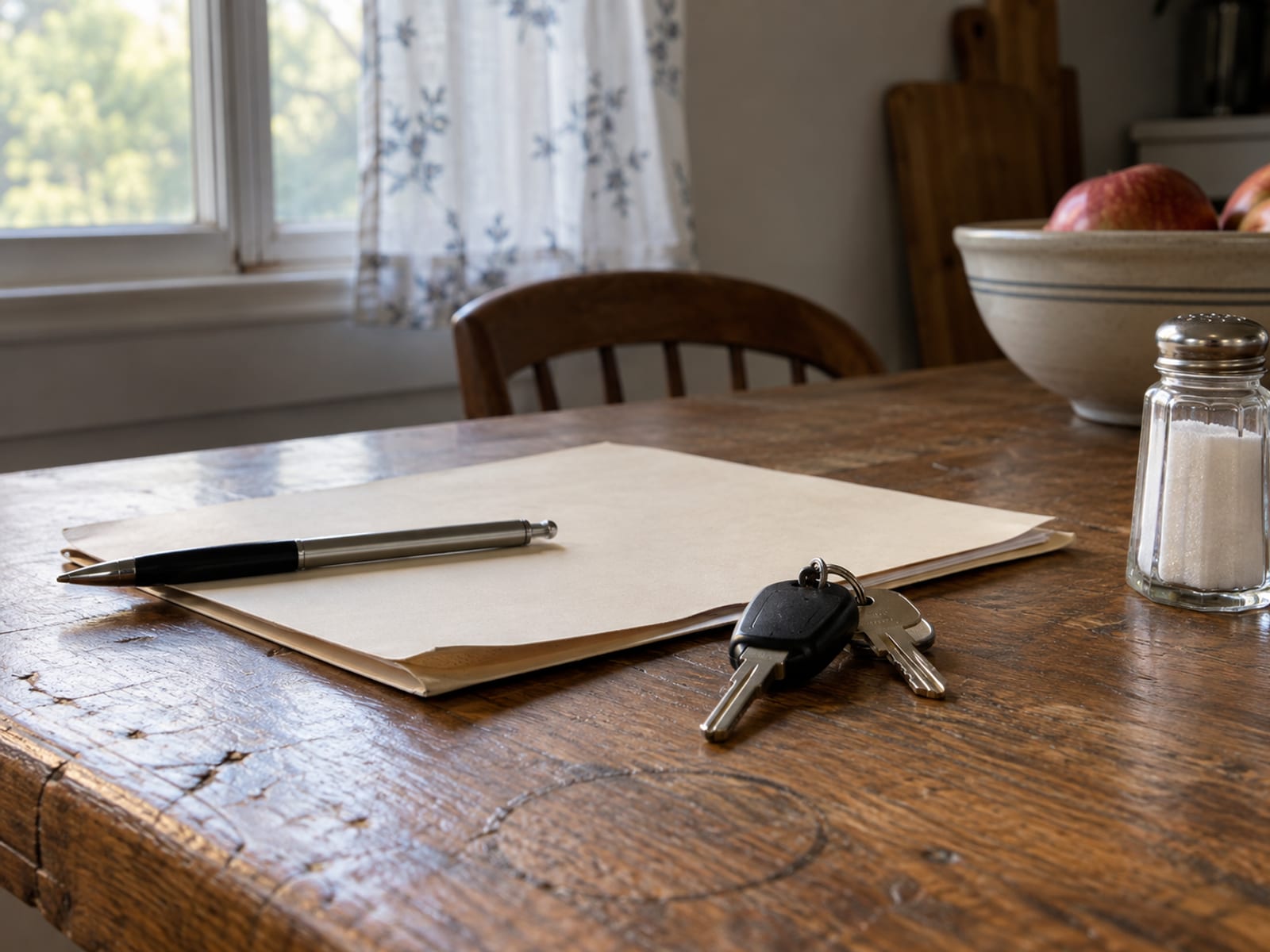 A closed loan folder, a pen and a set of car keys on a kitchen table