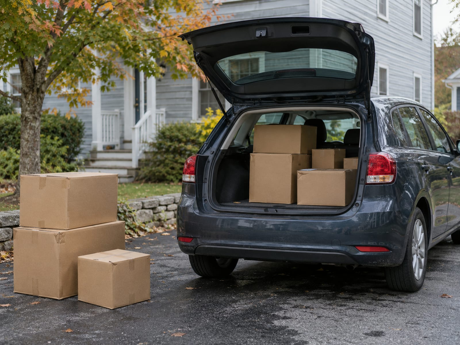 A packed hatchback and moving boxes outside a clapboard house on a quiet Maine street