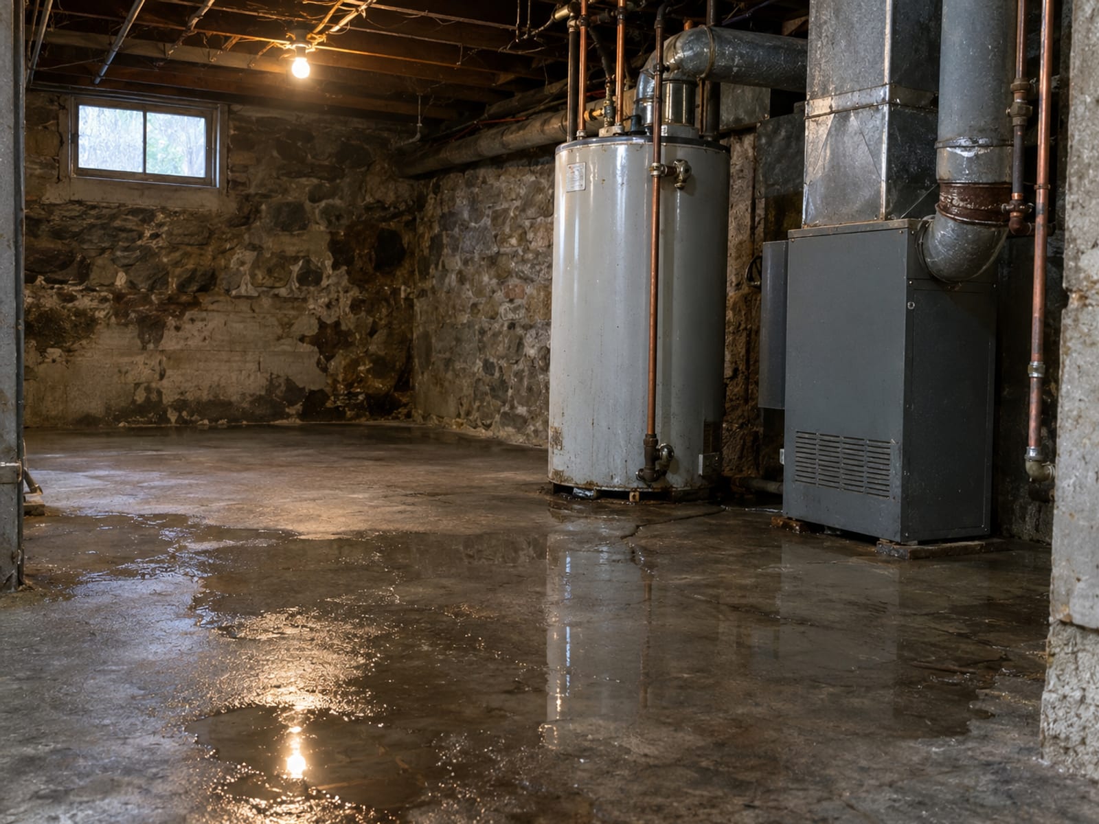 A basement with a water heater and a furnace on a concrete floor with a shallow puddle of water