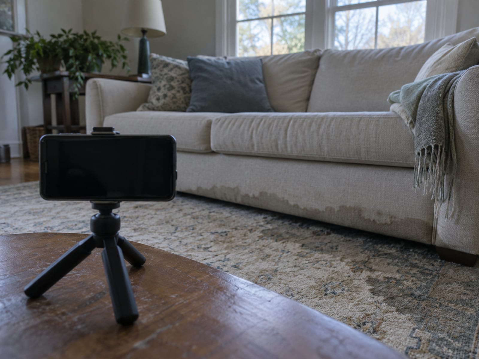 A phone on a small tabletop tripod aimed at a water-stained sofa and rug in a living room