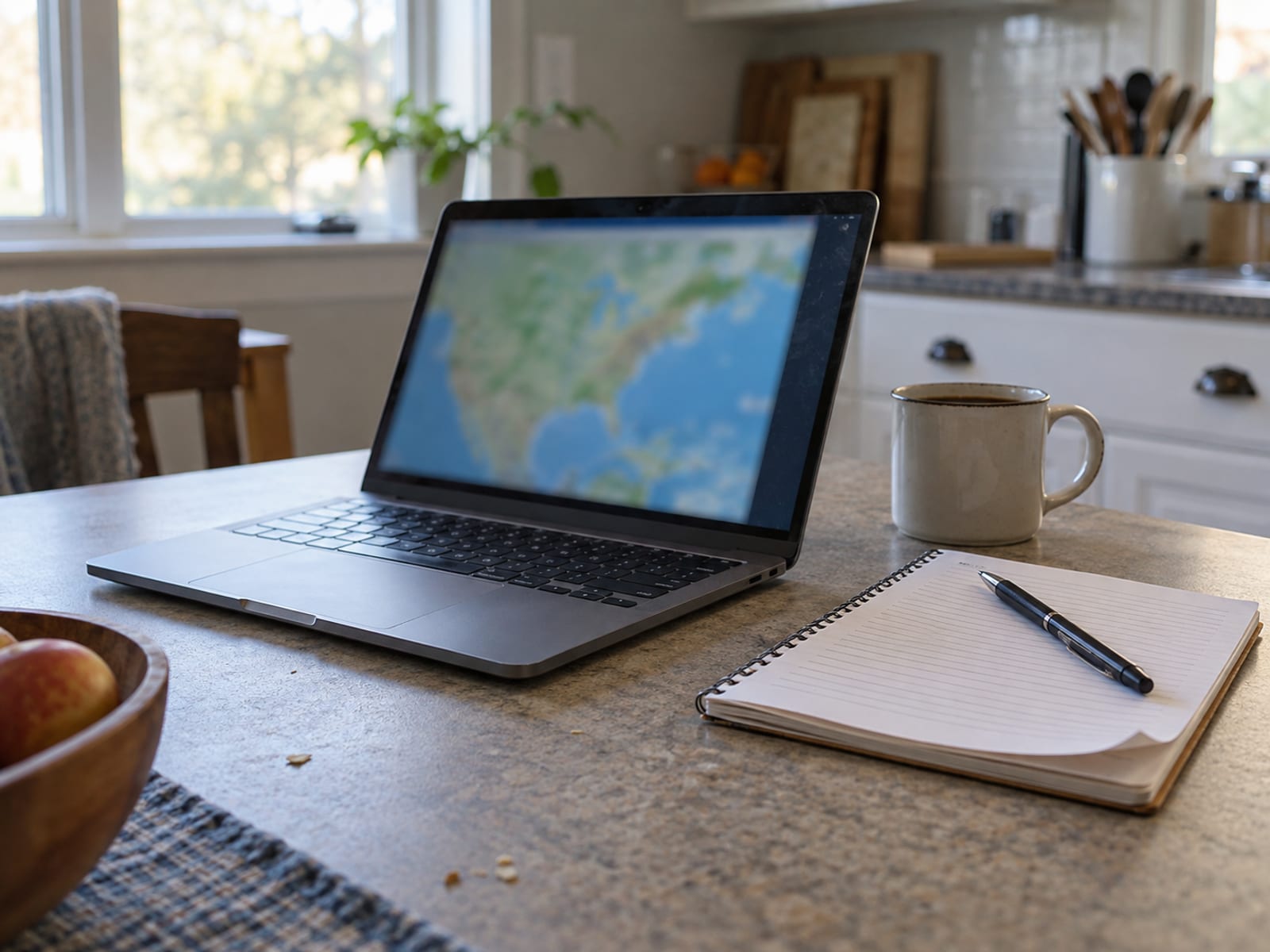 A laptop showing a blurred map beside a notepad and a pen on a kitchen table