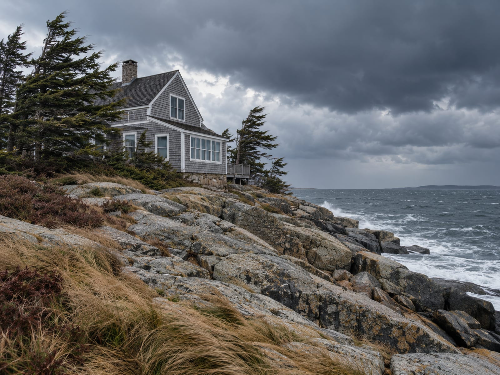 A shingled coastal home on a rocky point with wind-bent spruce trees under storm clouds