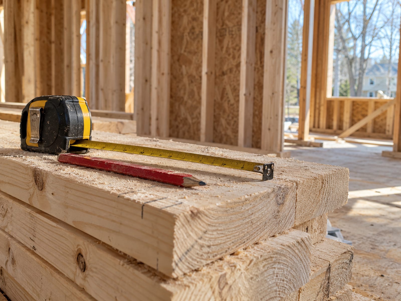 A carpenter's tape measure and pencil resting on fresh lumber beside a partly framed wall