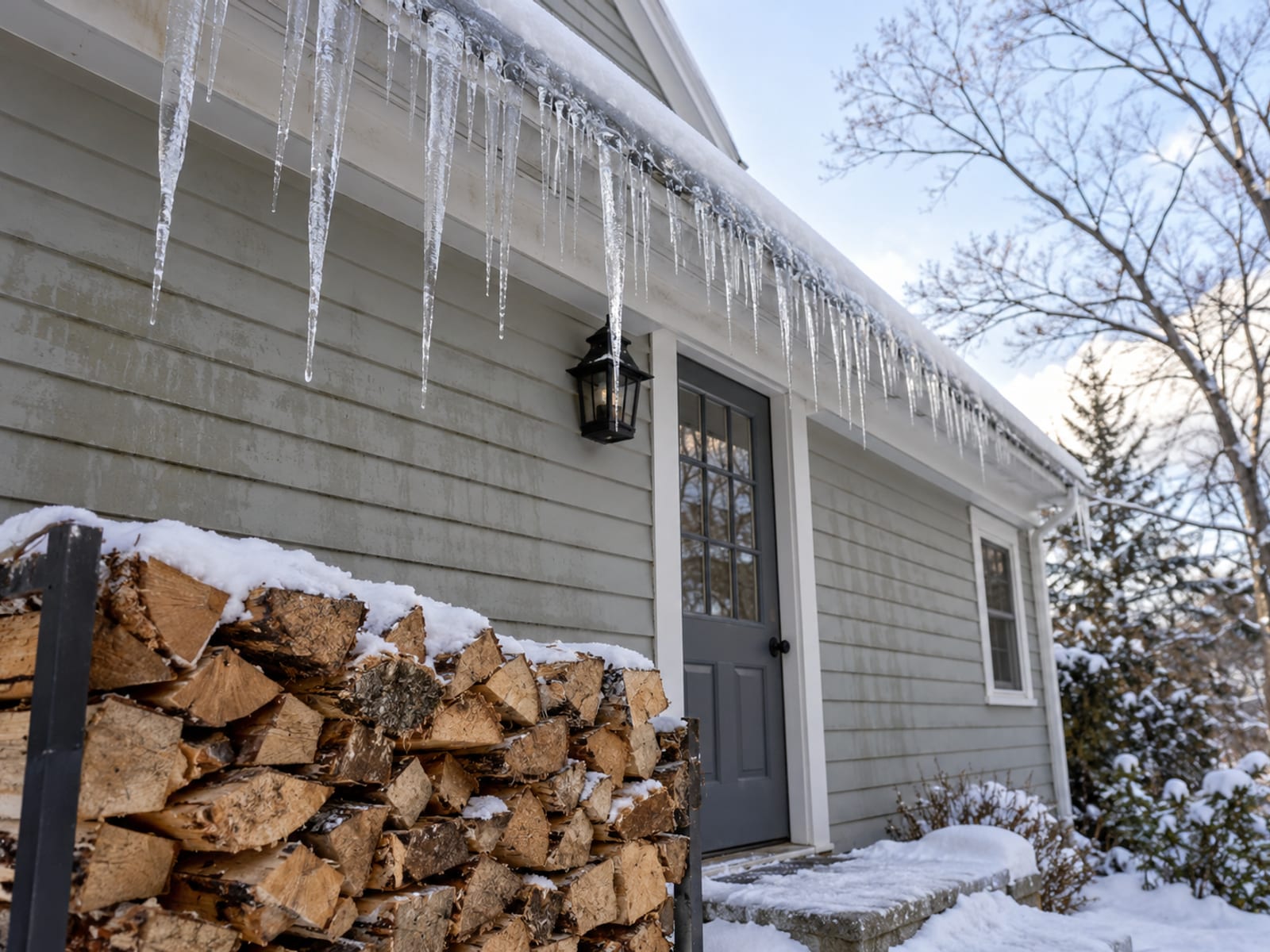 Icicles hanging from the snowy eaves of a house with a woodpile stacked by the door