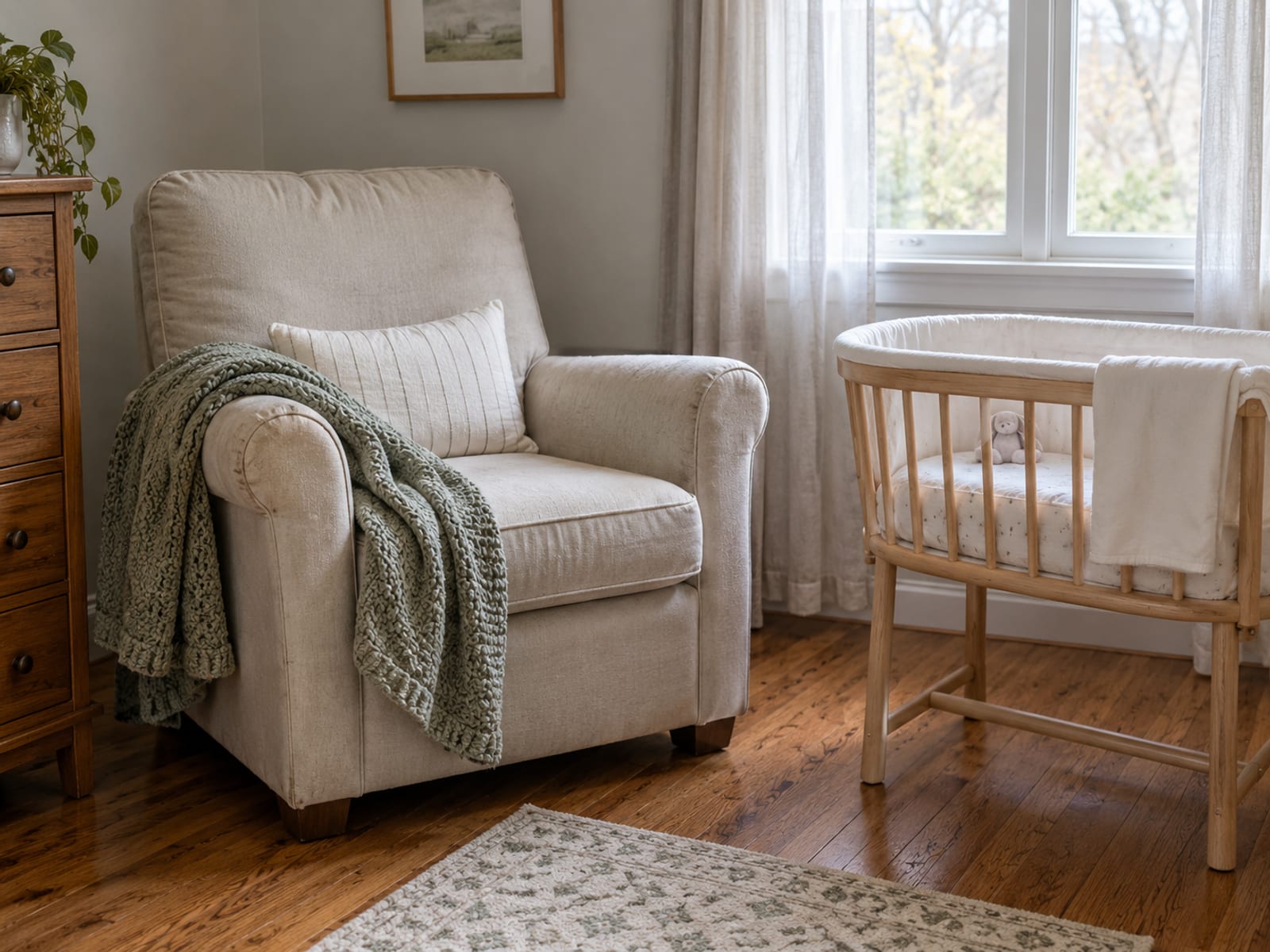 An empty armchair with a folded blanket beside a bassinet in a softly lit nursery