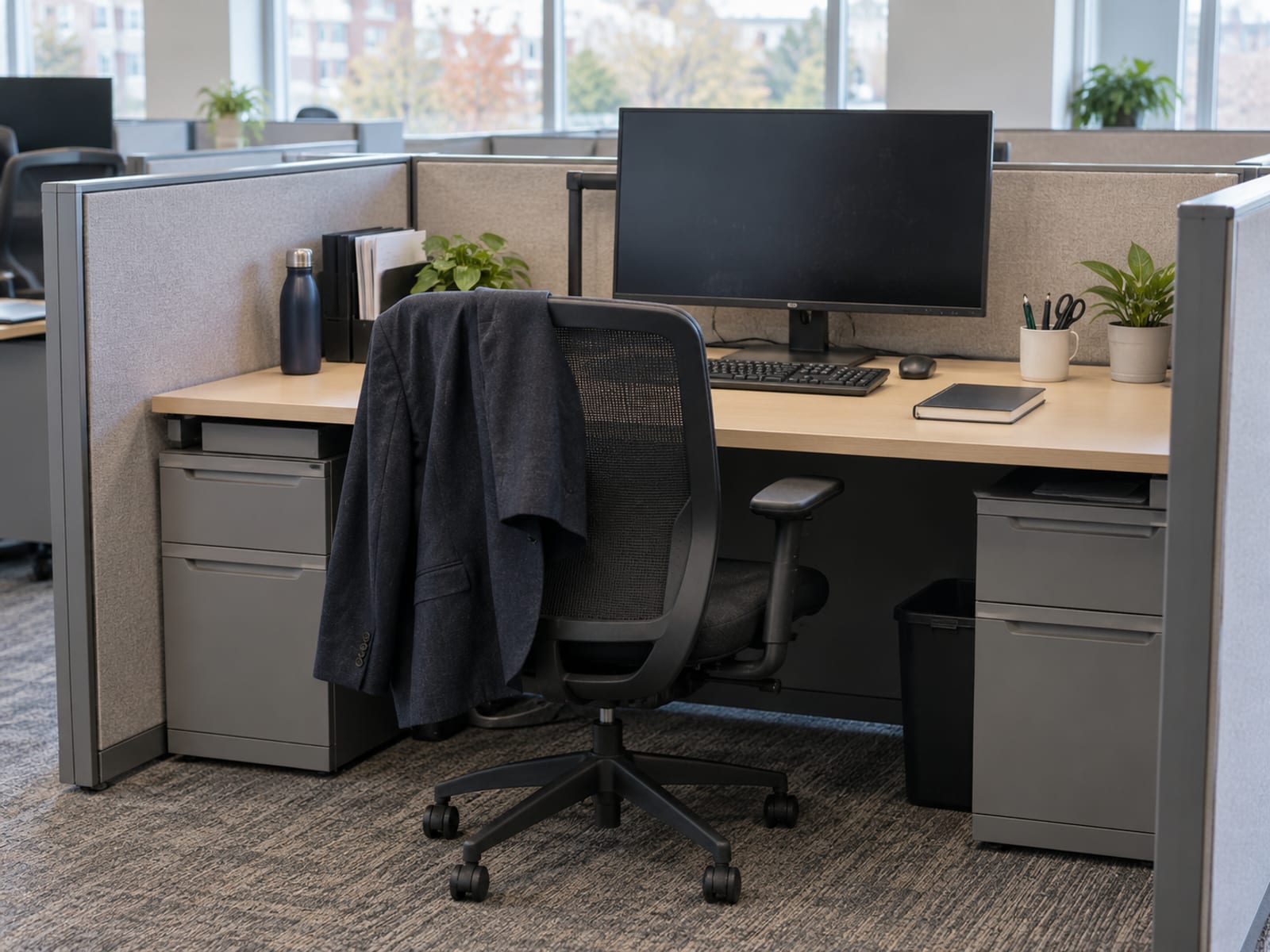 An empty office workstation with the chair pushed in and a jacket hanging on its back