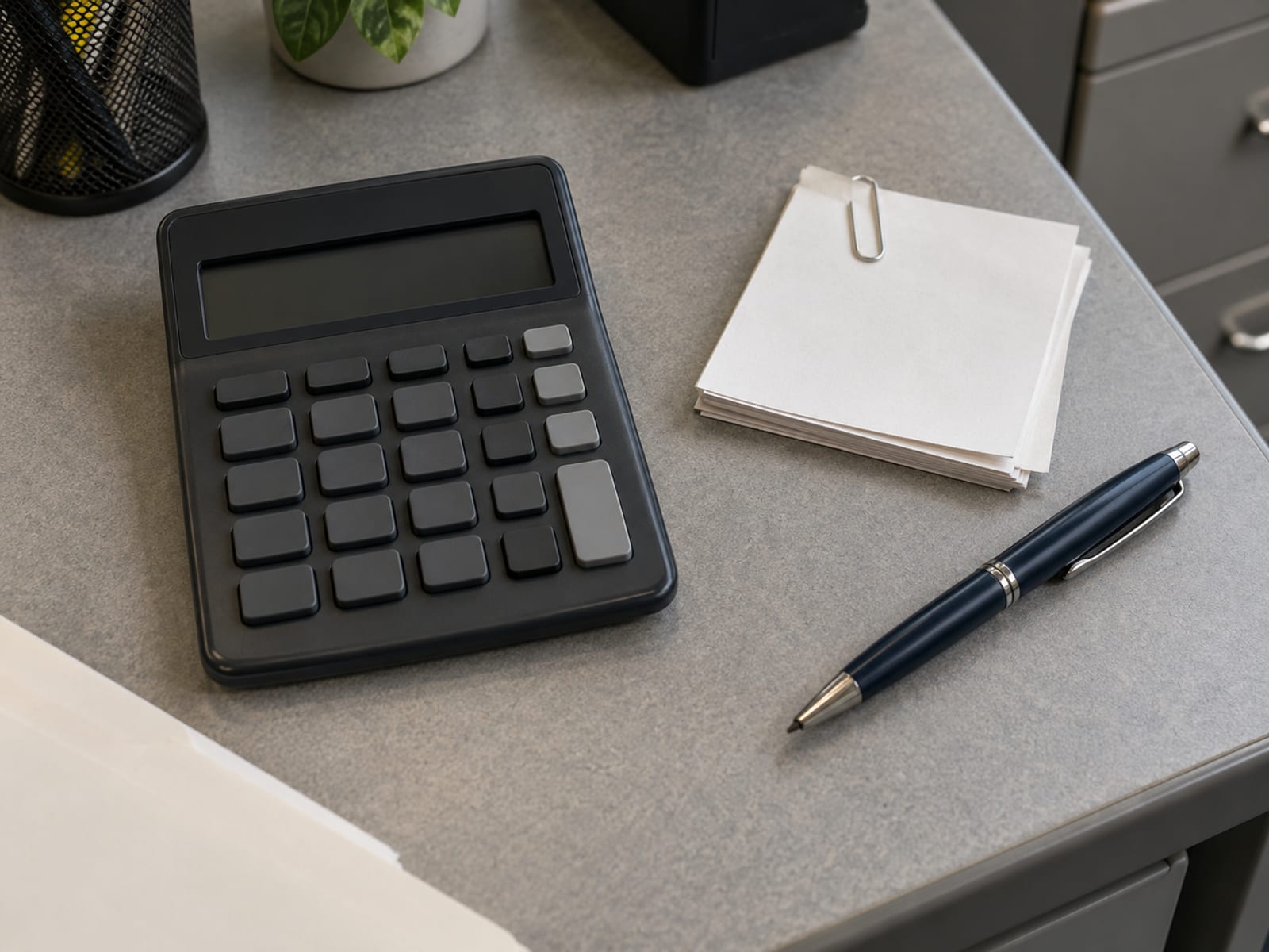 A calculator, a pen and a stack of blank pay stubs on an office desk