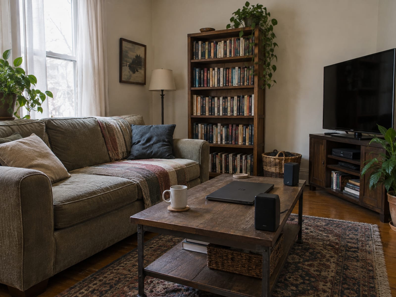 A small apartment living room with a sofa, a television, a bookshelf and a laptop on a coffee table