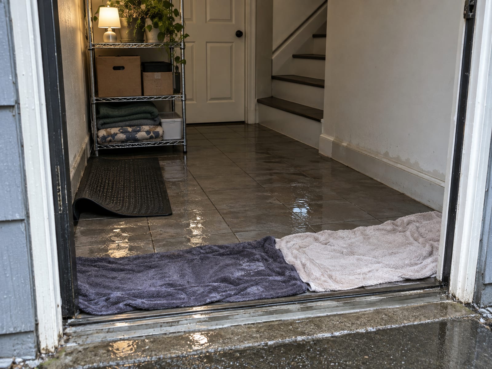 A ground-floor apartment entryway with a wet floor mat and a few boxes raised on a shelf after heavy rain