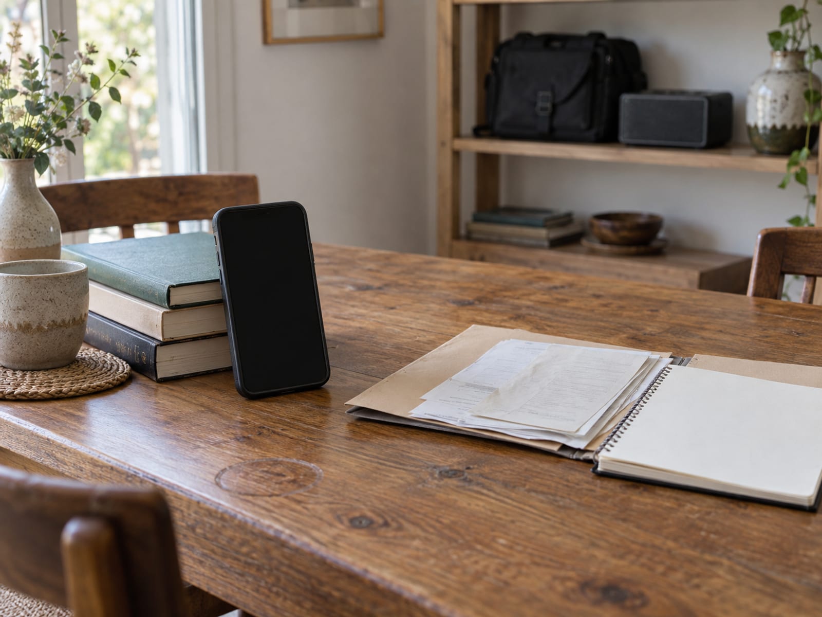 A phone propped on a stack of books aimed at a shelf of belongings, beside a folder of receipts