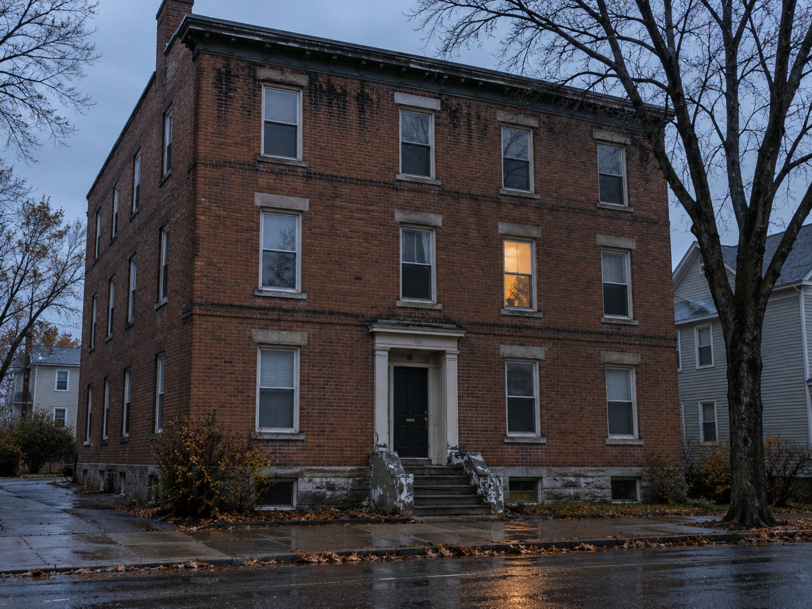 The exterior of a brick apartment building with several windows, one showing a lamp and curtains inside