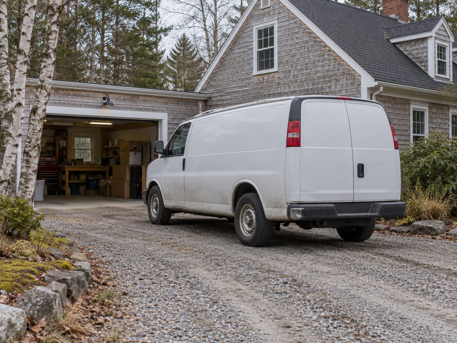 A small unmarked delivery van parked in the driveway of a home with a garage workshop