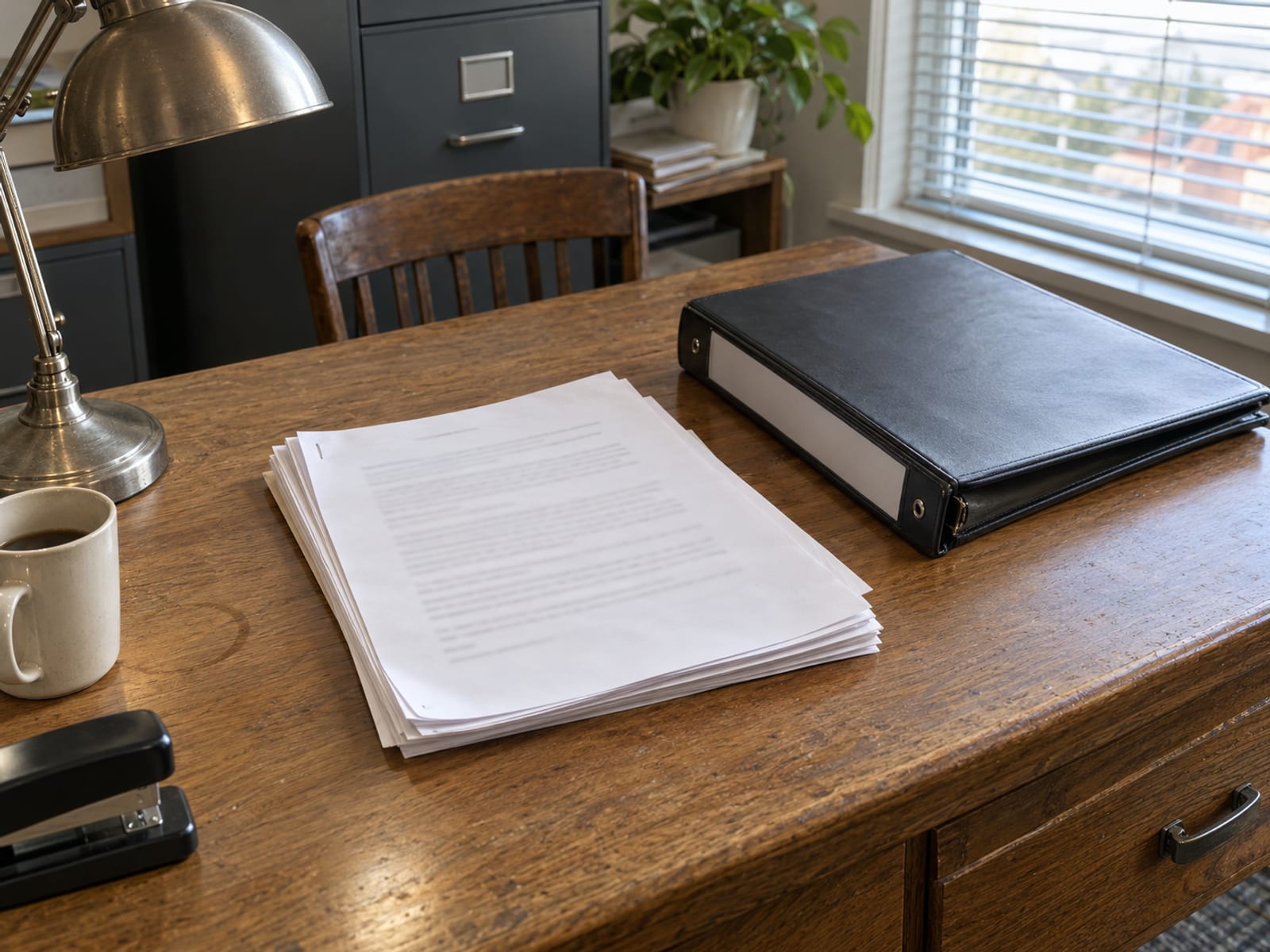 A small business owner's desk with a lease, a stack of contracts and a closed binder beside a laptop